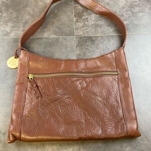 The Sak Chestnut Brown Pebbled Leather Shoulder Bag with Large Gold Charm